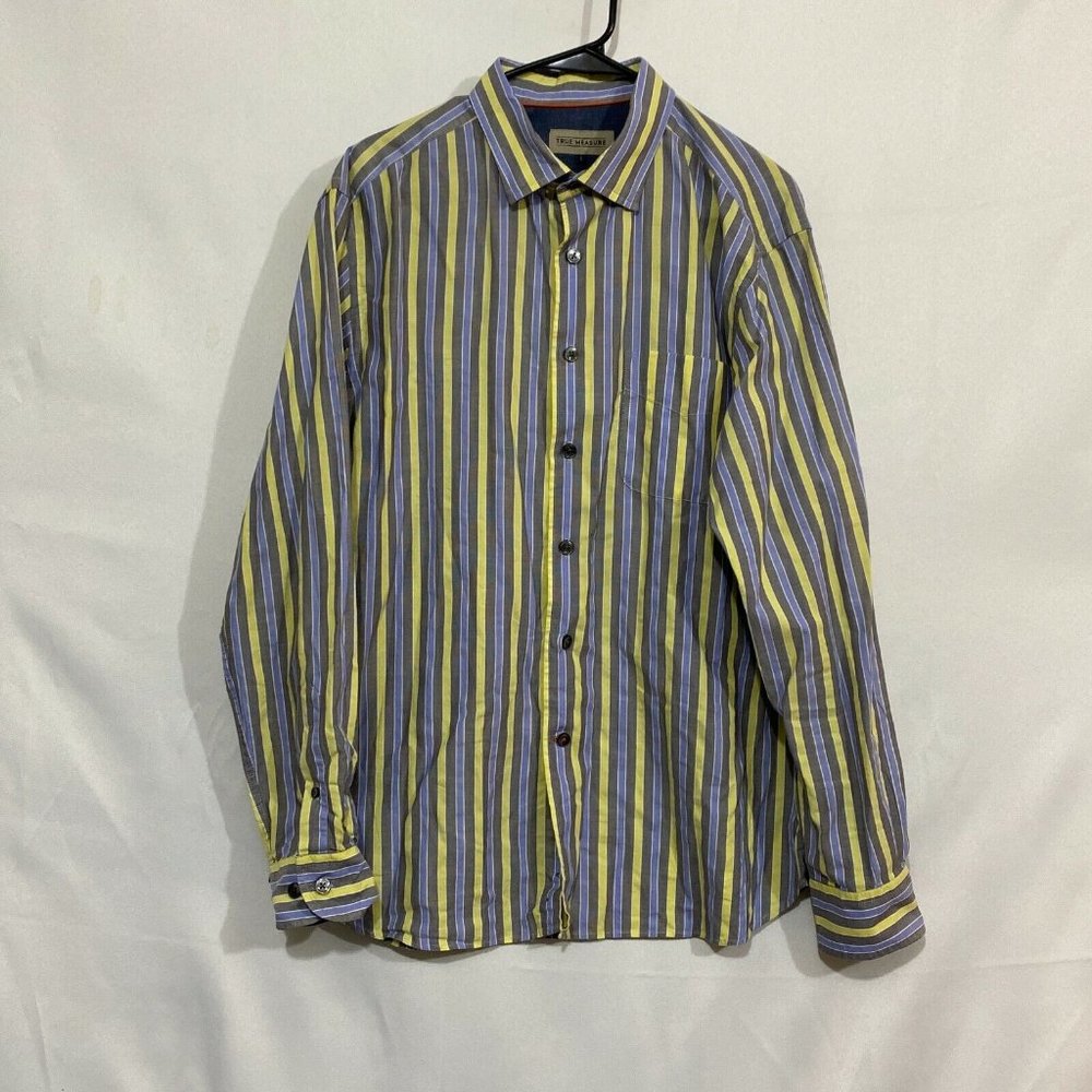True Measure Mens Yellow Striped Long Sleeves Casual Button Up Shirt Size Large